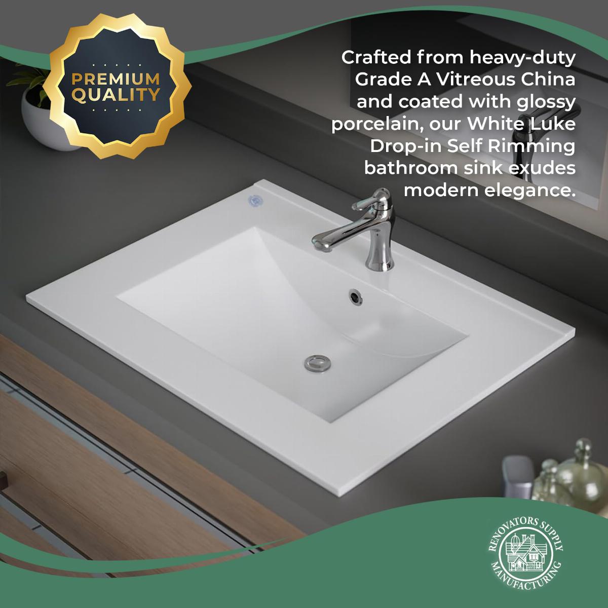 Luke 24" Square Drop-In Bathroom Sink White Self Rimming with Overflow image-7