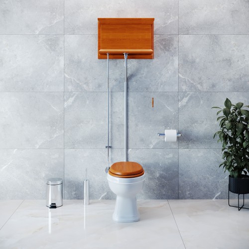 Antique Light Mahogany Finish High Tank Pull Chain Toilet Wooden Flat Tank Elongated image-2