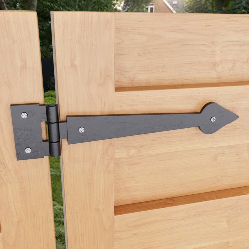 Black Wrought Iron Strap Door Hinge Pair 7.38" L Colonial Spear Tip Rust Resistant image-2