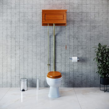 Light Mahogany Finish Raised Panel High Tank Pull Chain Water Closet With White China Round Toilet Bowl And Brass L-Pipe 