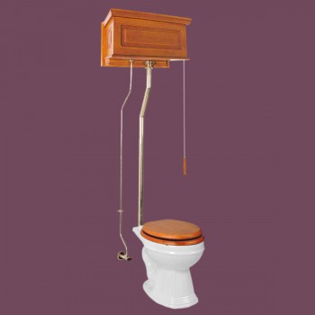 Light Mahogany Finish Raised Panel High Tank Pull Chain Water Closet With White China Round Toilet Bowl And Brass L-Pipe hover