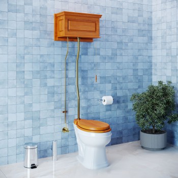 HighTank Pull Chain Z-pipe Toilet Elongated White Bowl  Light Mahogany Tank 