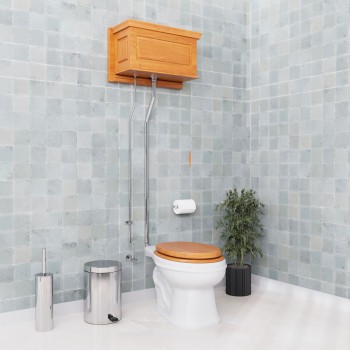 Light Oak High Tank Pull Chain Toilet Raised with Elongated Bowl & Satin L-Pipe 