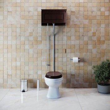Dark Oak Raised High Tank Pull Chain Toilet with White Round Bowl & Satin L-Pipe 