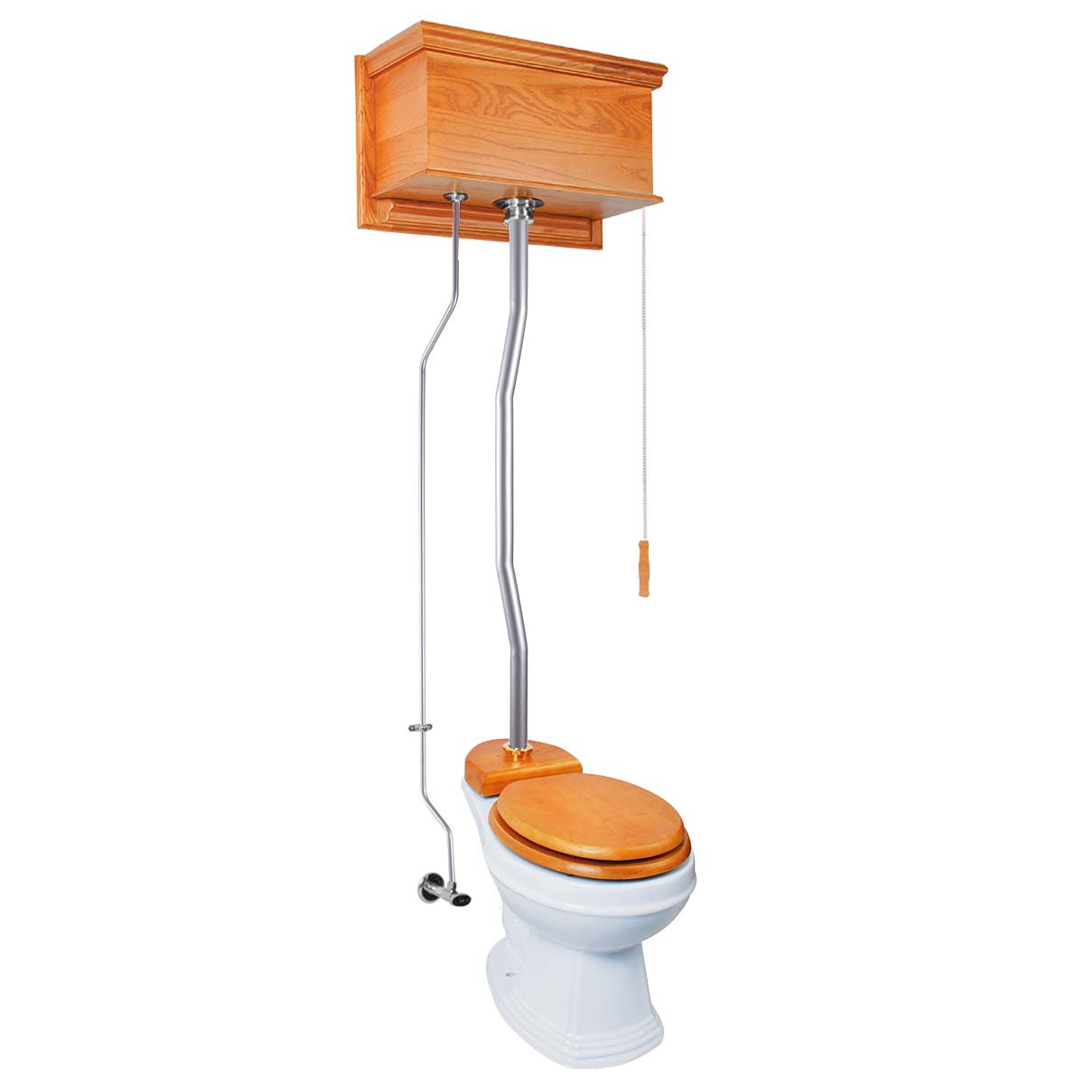Light Oak Flat High Tank Pull Chain Toilet with White Round Bowl