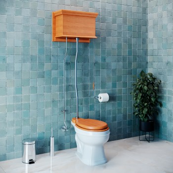 Light Oak Flat Tank Elongated High Tank Toilet with Satin Nickel Pipes 