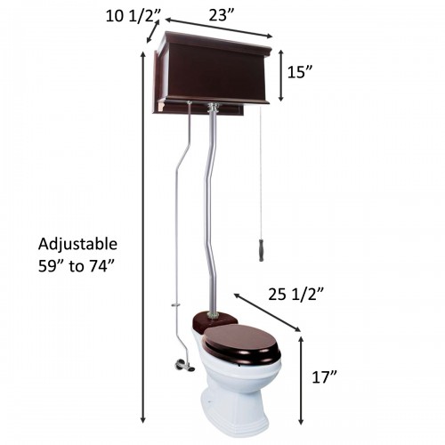 Dark Oak Flat High Tank Toilet with White Round Bowl and Satin Z-Pipe image-8