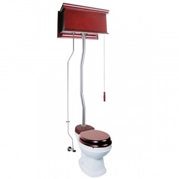 Cherry Wood Flat Panel High Tank Pull Chain Toilet White Round Bowl Satin Top Entry Z-Pipe Design Hardware Included 