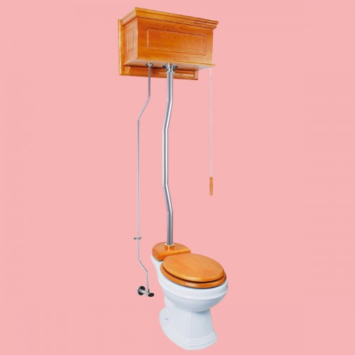 Light Oak High Tank Toilet With Round White Porcelain Bowl and Satin Z-Pipe image-2