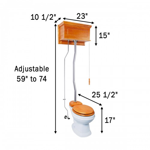 Light Oak High Tank Toilet With Round White Porcelain Bowl and Satin Z-Pipe image-6