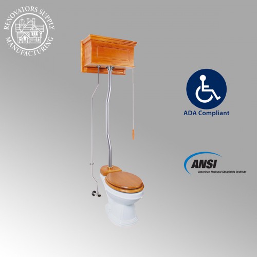 Light Oak Raised High Tank Pull Chain Toilet with Elongated Bowl & Satin Nickel Z-Pipe image-4