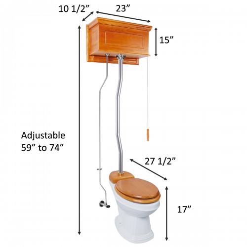Light Oak Raised High Tank Pull Chain Toilet with Elongated Bowl & Satin Nickel Z-Pipe image-8