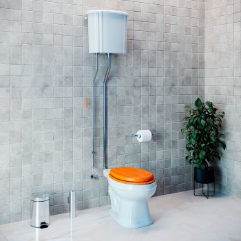 Aspen High Tank Pull Chain Bathroom Toilet White Ceramic Tank Elongated Rear Entry Bowl Satin Pipes and Hardware ADA Compliant 