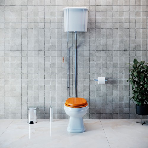 Aspen High Tank Pull Chain Bathroom Toilet White Ceramic Tank Elongated Rear Entry Bowl Satin Pipes and Hardware ADA Compliant image-2