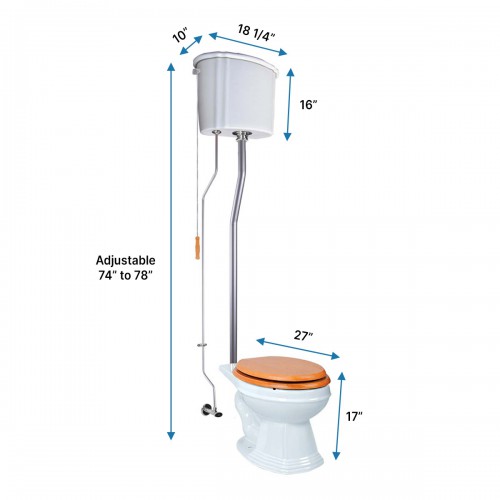 Aspen High Tank Pull Chain Bathroom Toilet White Ceramic Tank Elongated Rear Entry Bowl Satin Pipes and Hardware ADA Compliant image-11