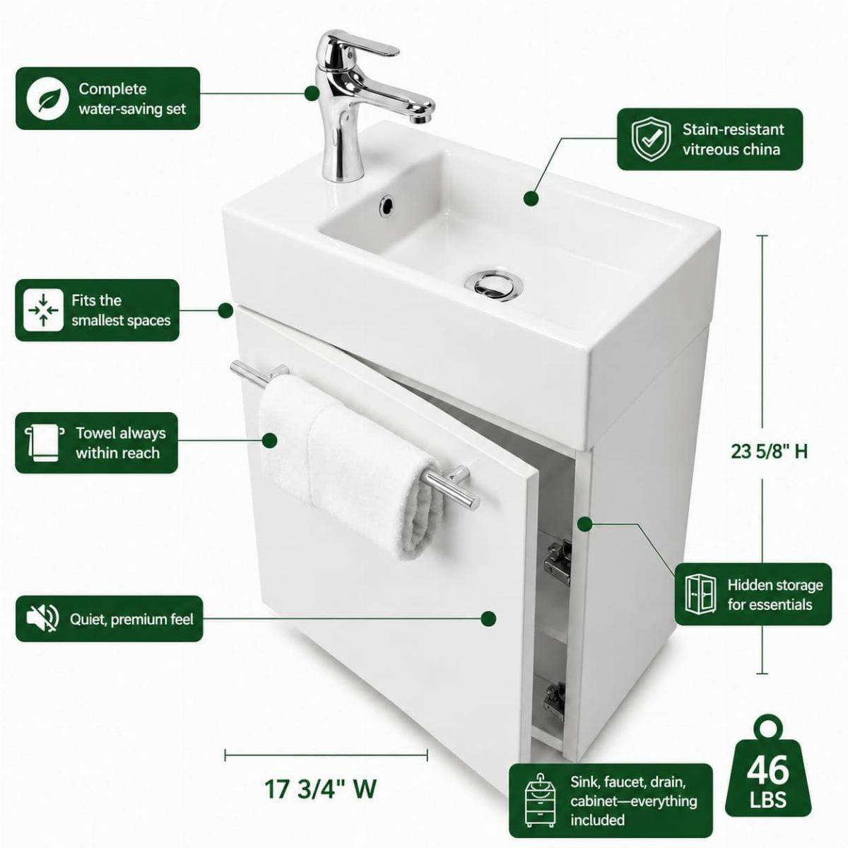 Mahayla 17 3/4" Small Cabinet Vanity Bathroom Sink White with Faucet Drain and Overflow image-2