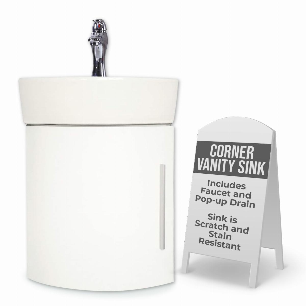 Myrtle 16 1/2" Small Corner Cabinet Vanity Bathroom Sink White with Faucet Drain and Overflow image-3