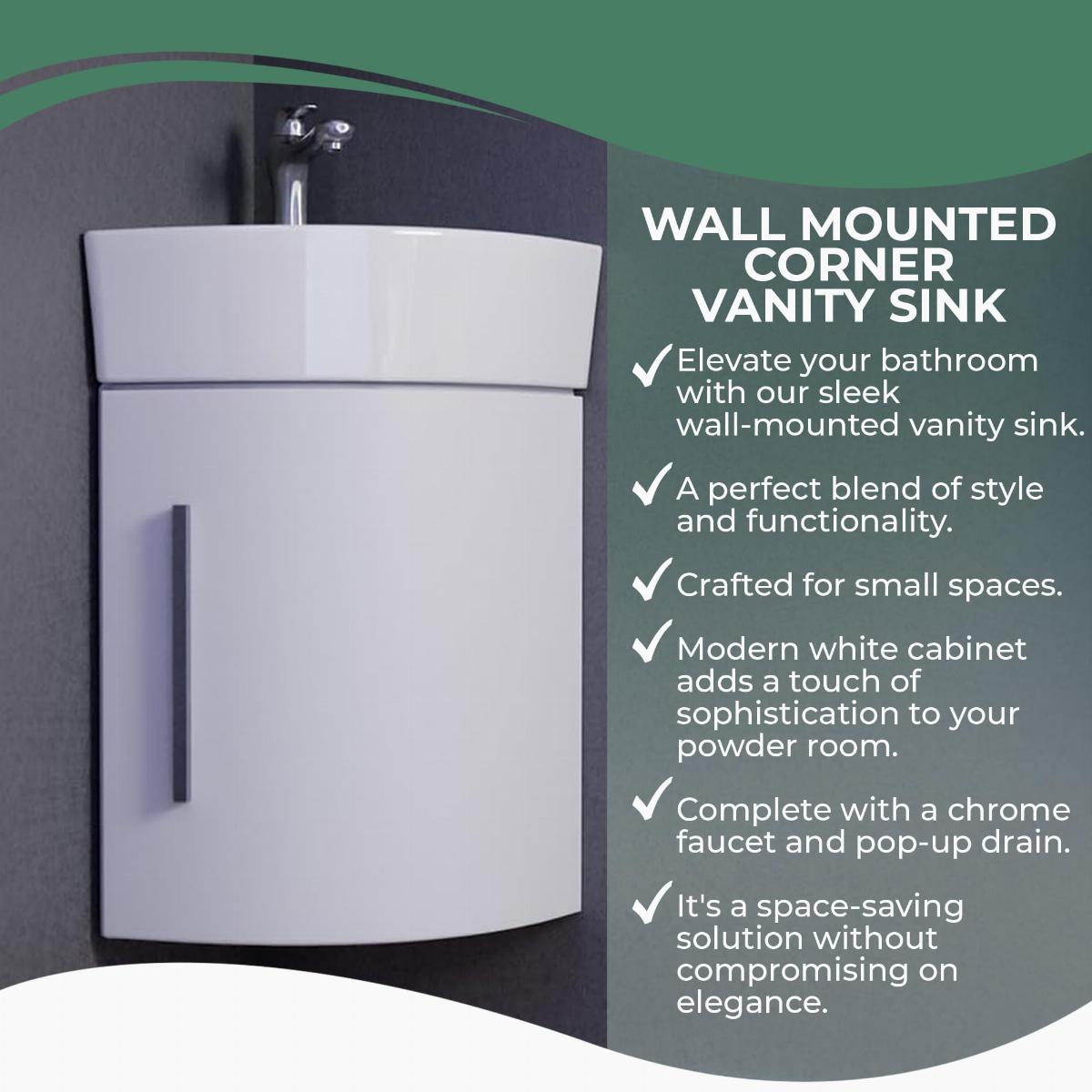 Myrtle 16 1/2" Small Corner Cabinet Vanity Bathroom Sink White with Faucet Drain and Overflow image-5