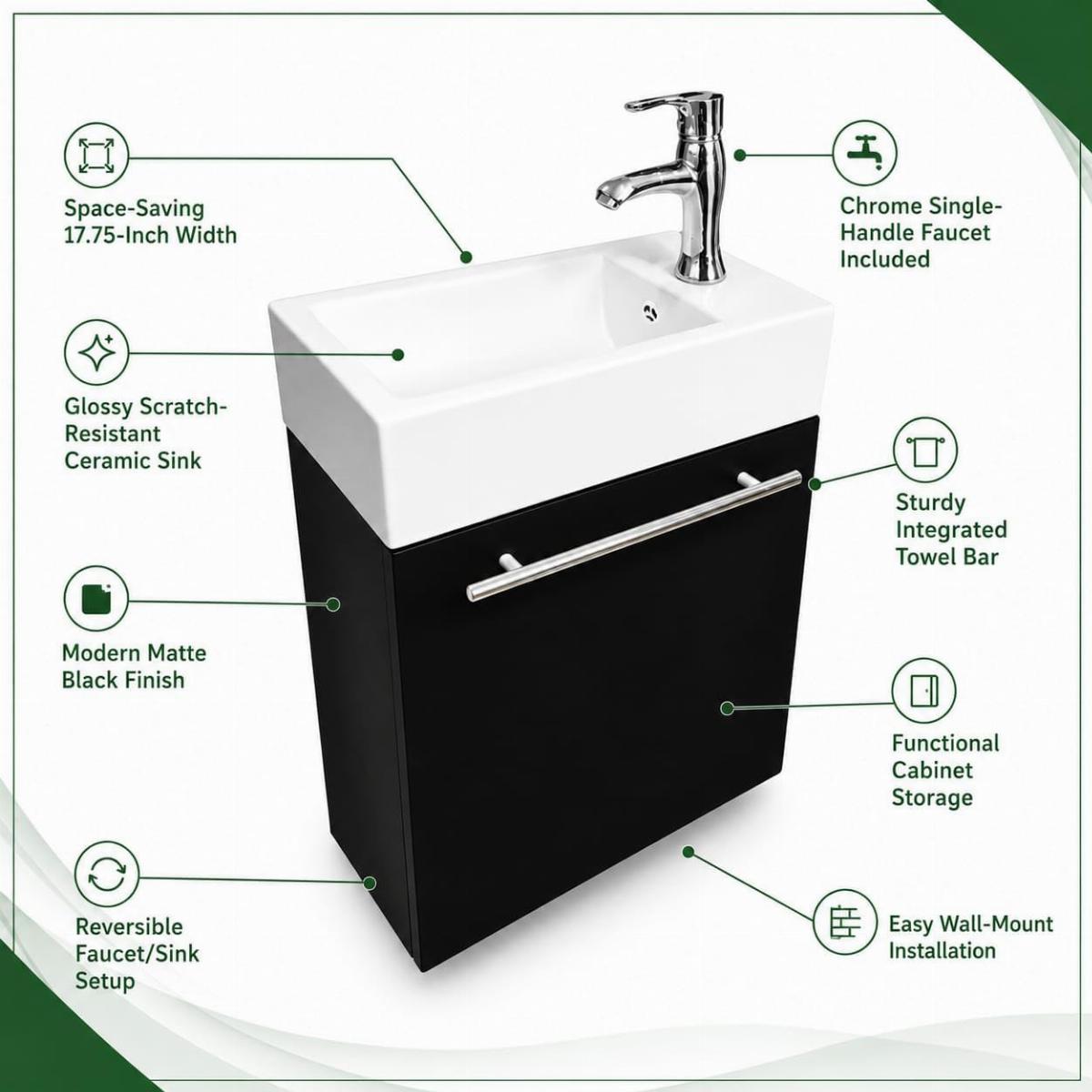 Dandi 17 3/4" Small Wall Mounted Cabinet Vanity Bathroom Sink Cabinet Black with Towel Bar Faucet Drain and Overflow image-4