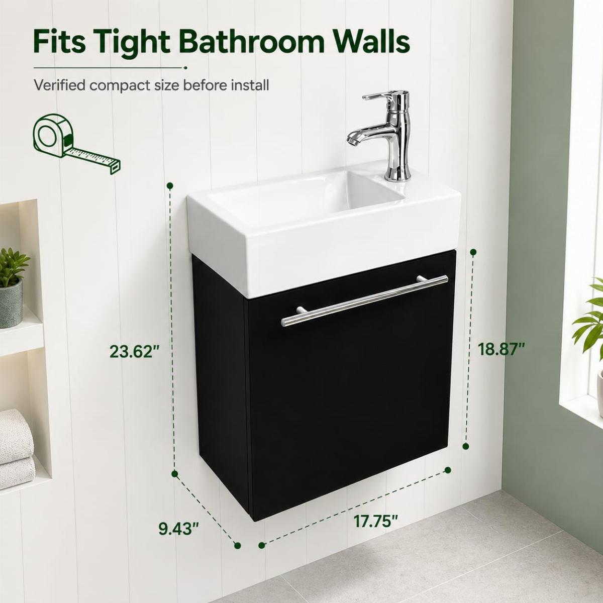 Dandi 17 3/4" Small Wall Mounted Cabinet Vanity Bathroom Sink Cabinet Black with Towel Bar Faucet Drain and Overflow image-3