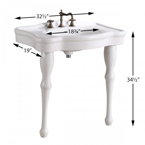 Jasmine 32 1/2" Console Bathroom Sink with 2 Spindle Legs White with Overflow and Pre-Drilled Widespread Faucet Holes image-9