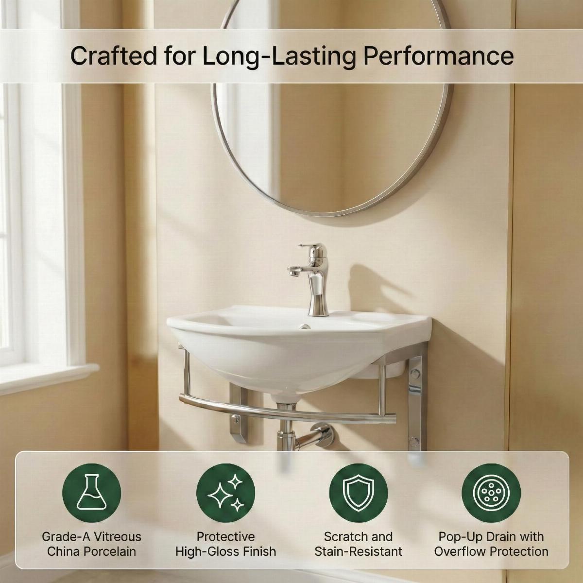 Ridge 17 3/4" Wall Mounted Bathroom Sink in White with Faucet Drain Towel Bar and Overflow image-4