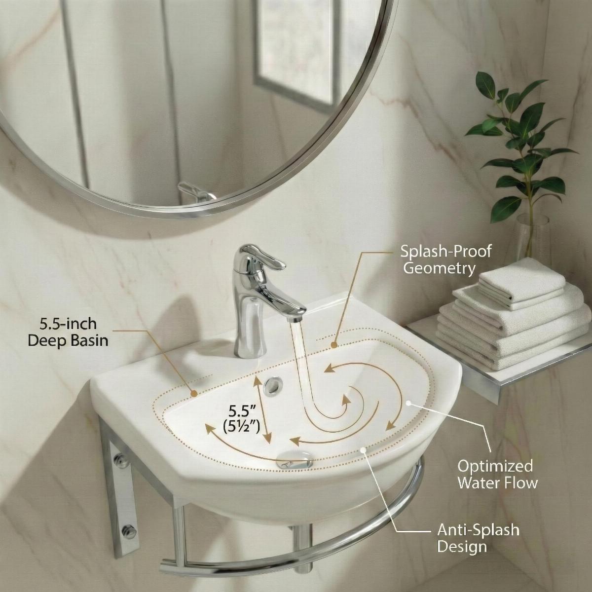 Ridge 17 3/4" Wall Mounted Bathroom Sink in White with Faucet Drain Towel Bar and Overflow image-5