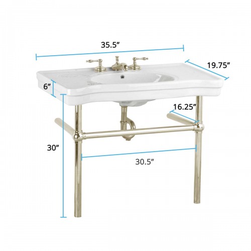 Wide Belle Epoque White Porcelain Console Sink 35.5" with Brass Metal Legs in Satin Nickel Finish image-9