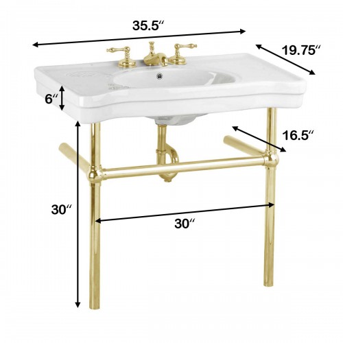 Wide Belle Epoque White Porcelain Console Sink 35.5" with Brass Metal Legs image-11