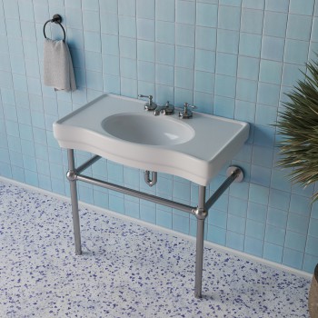 Wide Belle Epoque White Porcelain Console Sink 35.5" with Brass Metal Legs in Black Nickel Finish 