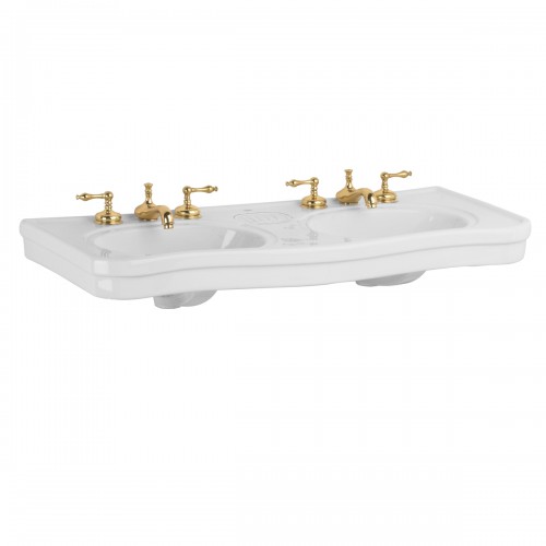 White Double Basin Console Bathroom Sink 46.75" W Porcelain with Satin Nickel Plated Brass Bistro Leg image-5