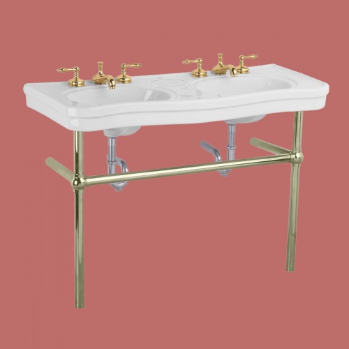 White Double Basin Console Bathroom Sink 46.75" W Porcelain with Satin Nickel Plated Brass Bistro Leg image-4
