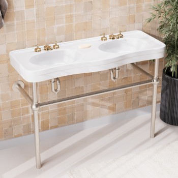 White Double Basin Console Bathroom Sink 46.75" W Porcelain with Satin Nickel Plated Brass Bistro Leg 