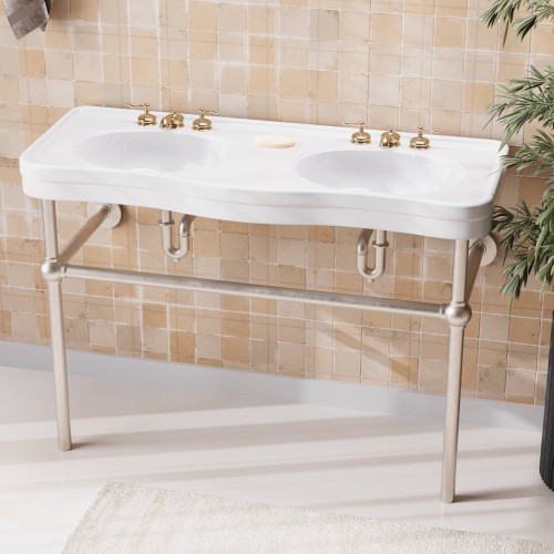 White Double Basin Console Bathroom Sink 46.75" W Porcelain with Satin Nickel Plated Brass Bistro Leg image-2