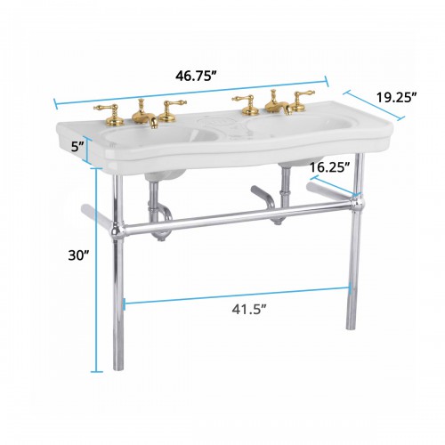 White Double Basin Console Bathroom Sink 46.75" W Porcelain with Satin Nickel Plated Brass Bistro Leg image-10
