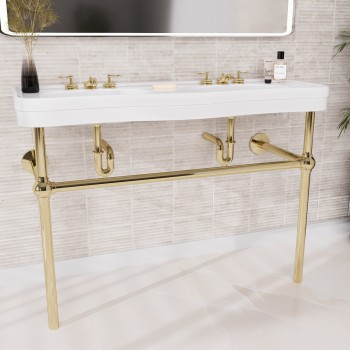 White Double Basin Console Bathroom Sink 46.75" W Porcelain Sink with Brass Bistro Leg 