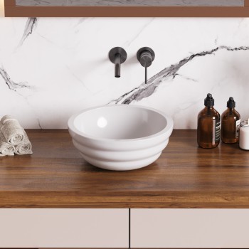 Ozone Round Above Counter Vessel Bathroom Sink Heavy Duty Ceramic in White Modern Unique Design 