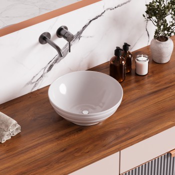 Cassini Round Bathroom Vessel Sink Heavy Duty Ceramic in White Unique Circle Modern Design 