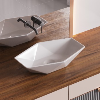 Hexy Bathroom Vessel Sink Heavy Duty Ceramic in White Counter Vanity Top Modern Upscale Design Easy Install Scratch and Stain Resistant 