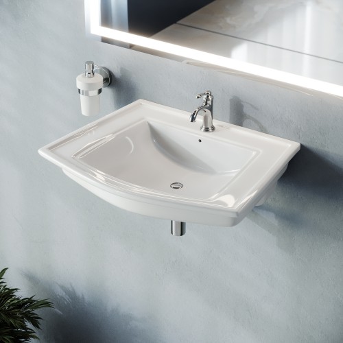 Florence Wall Mount Bathroom Vessel Sink Heavy Duty Ceramic in White Traditional Classy Design with Overflow and Pre-Drilled Single Faucet Hole image-2