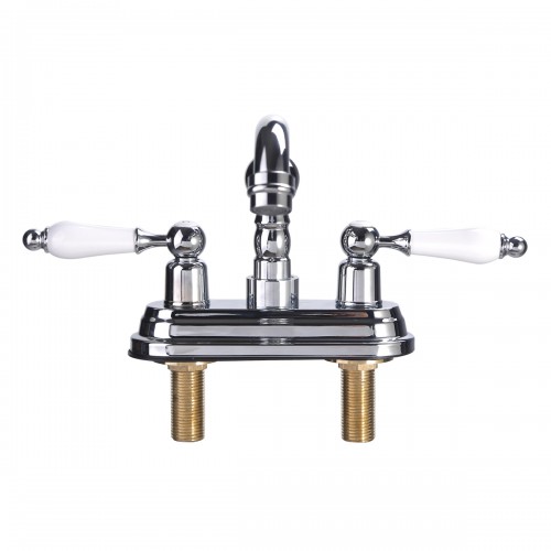 Chrome Polished Brass Centerset Faucet 4" L White 2 Handles Labeled Hot and Cold image-3