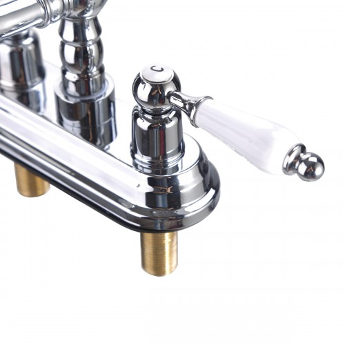 Chrome Polished Brass Centerset Faucet 4" L White 2 Handles Labeled Hot and Cold image-7