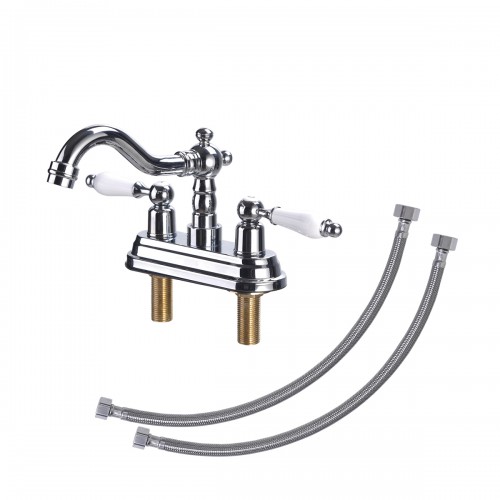 Chrome Polished Brass Centerset Faucet 4" L White 2 Handles Labeled Hot and Cold image-8
