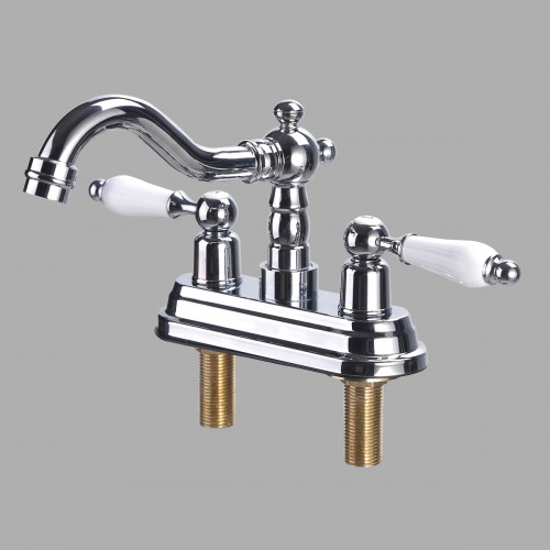 Chrome Polished Brass Centerset Faucet 4" L White 2 Handles Labeled Hot and Cold image-2