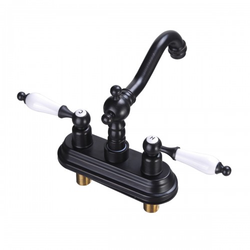 Black Polished Centerset Faucet 4" L Double Handles Labeled Hot and Cold image-3