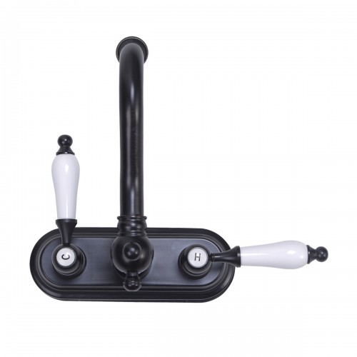 Black Polished Centerset Faucet 4" L Double Handles Labeled Hot and Cold image-6