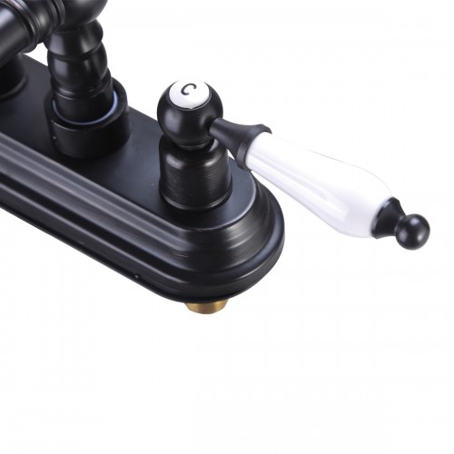 Black Polished Centerset Faucet 4" L Double Handles Labeled Hot and Cold image-7