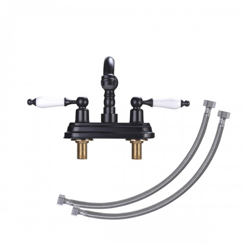 Black Polished Centerset Faucet 4" L Double Handles Labeled Hot and Cold image-8