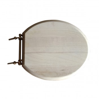 Ready to Paint Unfinished Wooden Round Toilet Seat with Brass Hinges and Bumpers 