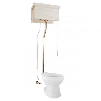 Unfinished Wooden High Tank L-Pipe Toilet Elongated White Bowl 